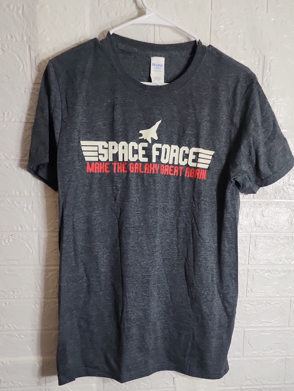 Gildan Men's Heather Dark Gray Space Force Graphic Tee with White and Red Print